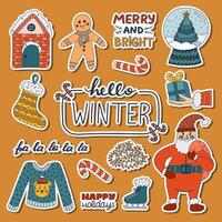 Cute Hello Winter and Xmas sticker set for planners, notebooks with colorful outline doodle. Ready for print list of New Year and Noel hand drawn stickers with Christmas decorations and characters vector
