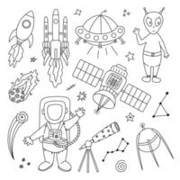 Cute doodle space and astronomy set with astronaut, asteroid, spaceship, satellite, alien. Childish symbols of Solar System and universe. Hand drawn outline clipart collection isolated on background. vector