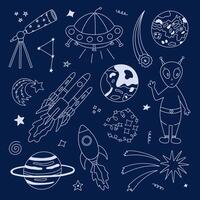 Cute doodle space and astronomy set with UFO flying saucer, alien, spaceship, rocket, telescope, Mars and Uranus. Childish cosmic symbols. Hand drawn outline collection isolated on background. vector