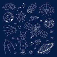 Cute line space and astronomy set with friendly alien, flying saucer, satellite, planet Venus, Big Dipper. Childish symbols of galaxy. Hand drawn outline doodle collection isolated on background. vector
