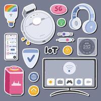 Cartoon set of stickers with smart machine with remote control via phone. for planners, notebooks. Ready for print list of cute stickers. Intelligence devices for entertainment, regulate, secure home. vector