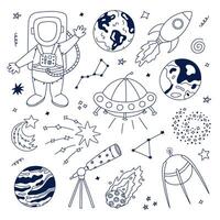 Cute scribble cosmos and astronomy set with cosmonaut, UFO ship, satellite, Earth and Neptune, star dust, space jet. Childish symbols of galaxy. Hand drawn doodle collection isolated on background vector