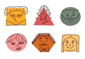 Cute cartoon set of comic faces with friendly and frustrated emotions in geometric shapes. Hand drawn crayon caricature emoticons with line expressions in circle, triangle, rectangle cut out. vector