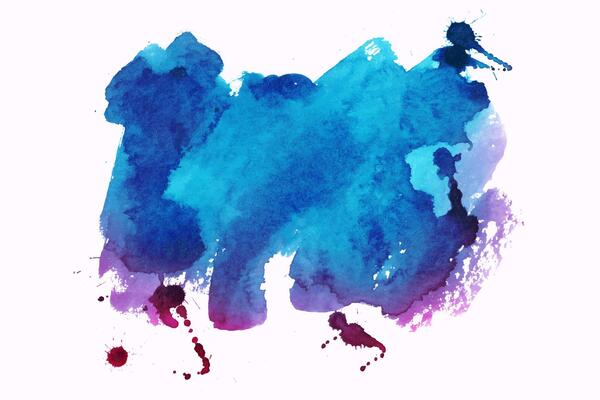 Hand Painted Blue and Purple Watercolor Abstract Splash Isolated on White Background. Fluid organic shape with drops. Modern splatter with vibrant colors