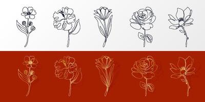 Set of Flowers with Leaves in One Continuous Art Line Style. Hand drawn spring herbs and plants with Gold colors and red background. Abstract floral sketch in one continuous line drawing. Perfect as a vector