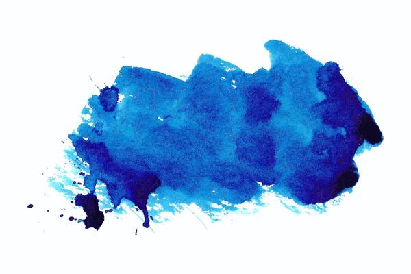 Hand Painted Blue Watercolor Abstract Splash Isolated on White Background. Fluid organic shape with drops. Modern splatter with vibrant colors