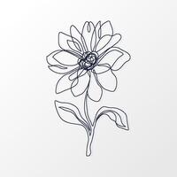 One Continuous Line of a Simple Dahlia Flower with Leaves. Hand drawn spring herbs and plants. Abstract floral sketch in one continuous line drawing. Perfect as a logo, tattoo, greeting cards, website vector