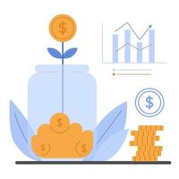 Jar of coins with a coin stem growing, next to stacked coins and a profit chart indicating growth vector