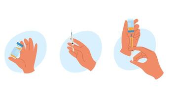 Set of illustrations with human hands with syringe with liquid and ampoule. Vaccination concept vector