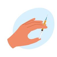 Hands holding a syringe with liquid for injection. Medical procedure illustration vector