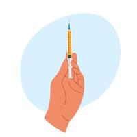 Illustration of hand holding a syringe for an injection. Vaccination concept vector