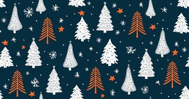 Christmas tree pattern on blue background, Hand drawn illustrations. vector