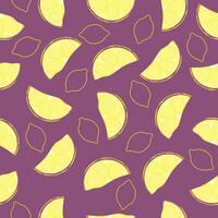 Seamless pattern with hand drawn lemon slace on purple background. vector