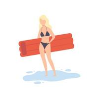 Beautiful Girl in Swimsuit Standing with Air Mattress, Young Woman Relaxing on Beach on Summer Vacation Illustration vector