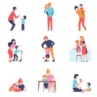 Parents Having Good Time with Kids Set, Mother and Father Teaching and Playing with Sons and Daughters Illustration vector