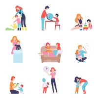 Parents Spending Time with Kids Set, Mother and Father Teaching and Playing with Sons and Daughters Illustration vector
