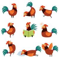 Collection of Roosters with Bright Plumage in Different Situations, Farm Cocks Cartoon Character vector