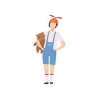 Young Man Wearing Jumpsuit with Propeller Cap Standing with Teddy Bear, Masquerade Ball, Carnival Party Design Element Illustration vector
