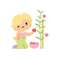Cute Young Girl in Overalls and Rubber Boots Harvesting Tomatoes in Bowl, Farmer Girl Cartoon Character Working in Garden Illustration vector