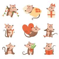 Cute Opossums Set, Adorable Wild Animals Cartoon Characters in Various Situations Illustration vector