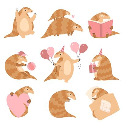 Cute Pangolin Animal Cartoon Characters in Different Situations Set, Rare Species of Animals Illustration