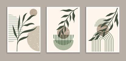 Boho Style Wall Art Set. Picture Frames With Abstract Leaves And Shapes For Decoration vector