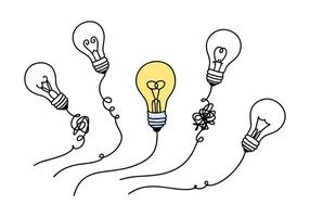 illustration of 5 lamps with tangled wires, one of which shines brightly. business idea symbol vector