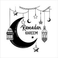 Line art doodle Ramadan kareem greeting card concept with crescent moon, stars and lanterns decoration. vector
