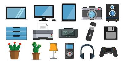 set of various electronic devices and accessories icon on white background vector