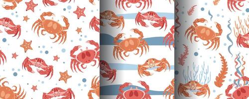Set of seamless patterns with cute crabs and algae. Marine style, ocean inhabitants. Great for wallpaper, wrapping paper, baby fabric, etc. vector