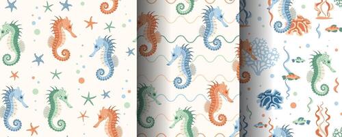Set of seamless patterns with cute seahorse, starfish and algae. Underwater world, ocean inhabitants. Suitable for fabric, wallpaper, wrapping paper, scrapbooking, etc. vector