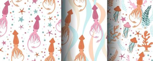 Set of seamless patterns with cute squid, starfish and seaweed. Underwater world, ocean inhabitants. Suitable for fabric, wallpaper, wrapping paper, scrapbooking, etc. vector