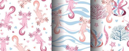 Set of seamless patterns with cute pink axolotl and seaweed. Underwater world, ocean inhabitants. Suitable for fabric, wallpaper, wrapping paper, scrapbooking, etc. vector