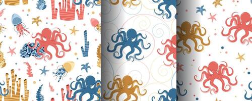 Set of seamless patterns with cute octopus, starfish, jellyfish and algae. Underwater world, ocean inhabitants. Suitable for fabric, wallpaper, wrapping paper, scrapbooking, etc. vector