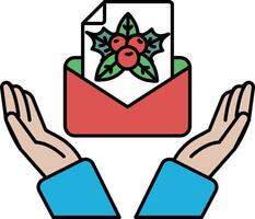A hand holding an envelope with a red and green design on it vector