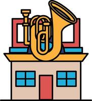 A cartoon drawing of a house with a large brass instrument on top of it vector
