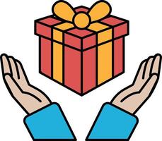 A red and yellow box is being held by two hands vector
