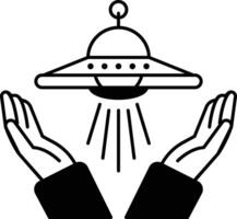 A cartoon drawing of two hands holding up a spaceship vector