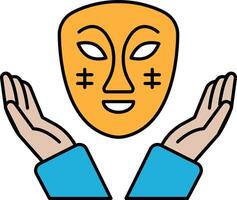 A cartoon of a face with a mask on it and two hands holding it vector