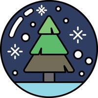 A Christmas tree is shown in a blue circle with snowflakes falling around it vector