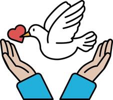 A white bird with a heart in its beak is being held by two hands vector