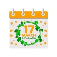 Calendar with St.Patricks Day, Date 17 march in clovers wreath for your greeting card, sticker, design, print or invitation vector