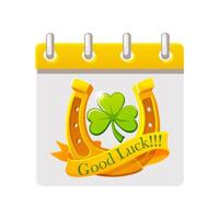 Calendar with Horseshoe, ribbon and clover or shamrock for your greeting card, sticker, design, print or invitation vector