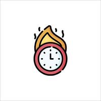A clock with flames on it is shown in a line drawing vector