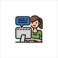 A woman is sitting at a computer with a speech bubble vector