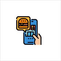 A hand holding a phone with a burger icon vector