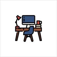 A computer desk with a lamp and a chair vector