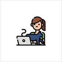 A woman is sitting at a computer with a cat vector