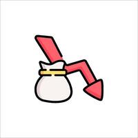 A cartoon bag with a red arrow pointing down vector