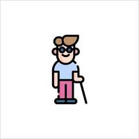 A man with glasses and a cane is standing in a flat line vector